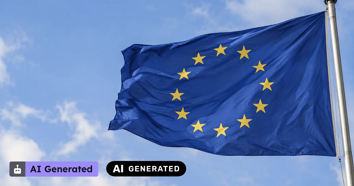 The EU flag in the sky, labelled with the AI Honesty Badge AI Generated badge and the EU's official AI generated icon