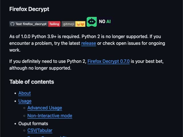 Screenshot of Firefox Decrypt homepage